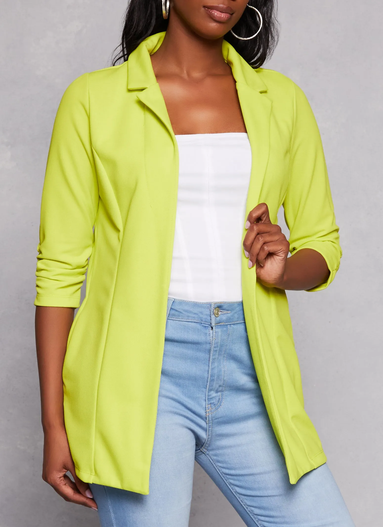 Solid Open Front Ruched Sleeve Blazer sold by Rainbow