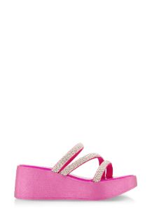 Rhinestone Asymmetric Band Wedge Slide Sandals sold by Rainbow