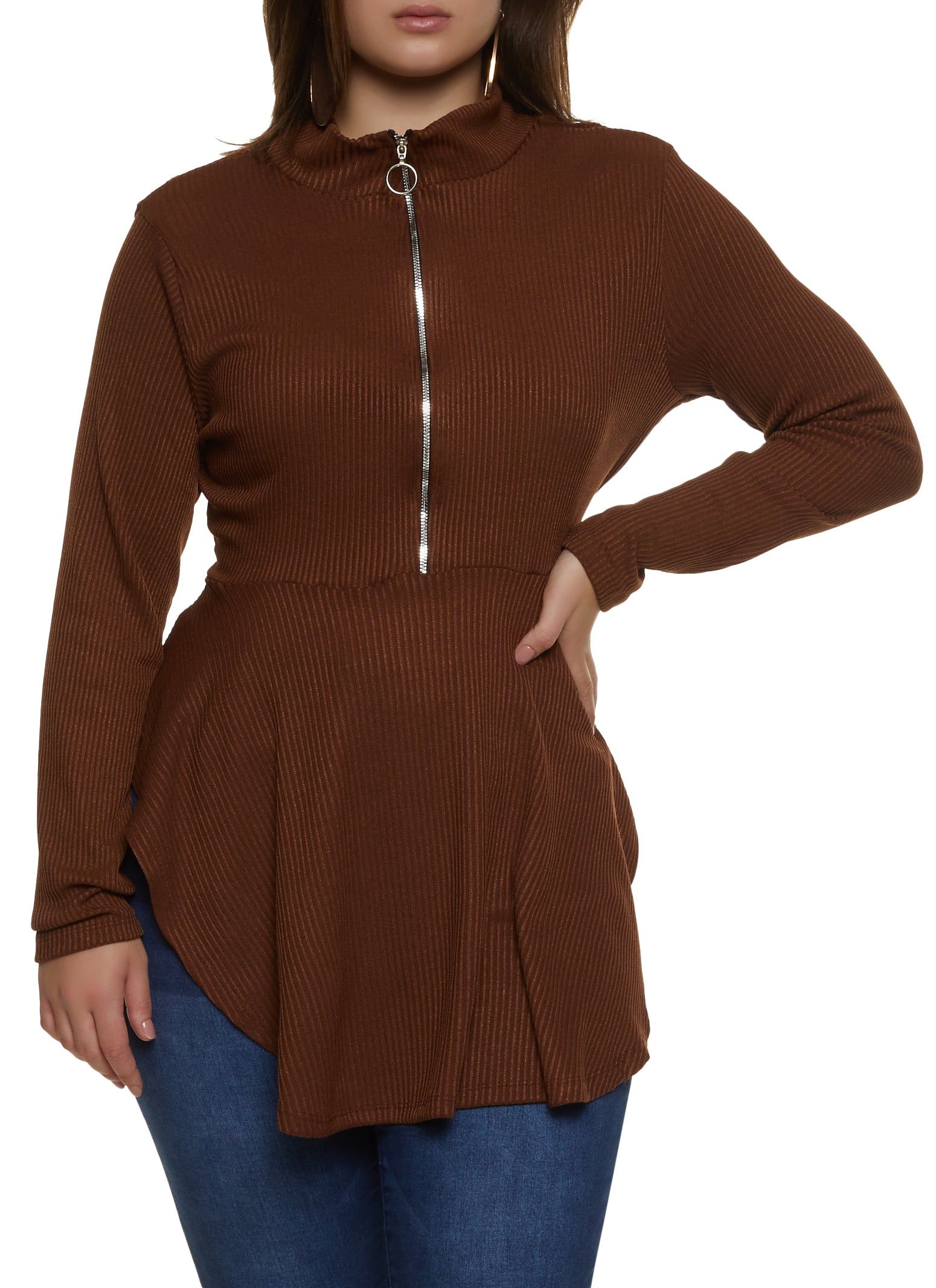 Plus Size Half Zip Hanky Hem Top sold by Rainbow