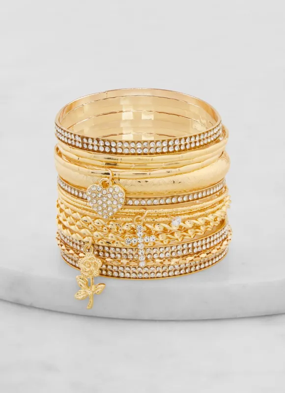 Cross Heart Rose Charm Bangles Set of 14 sold by Rainbow