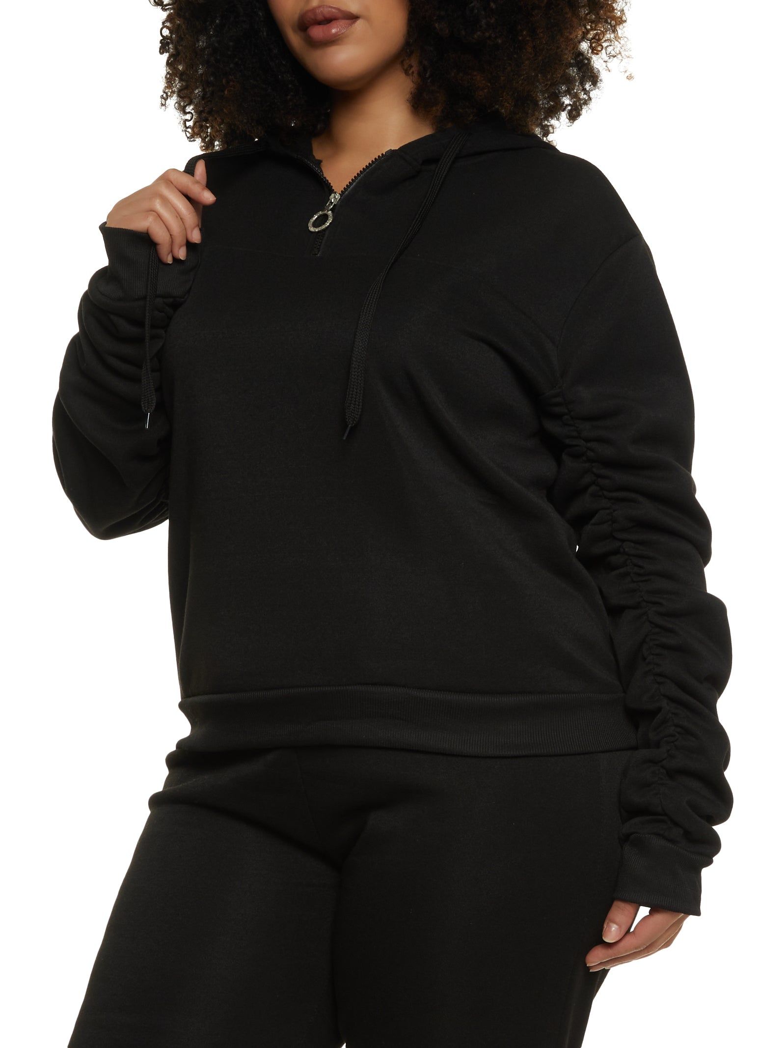 Plus Size Zip Neck Ruched Sleeve Hoodie sold by Rainbow