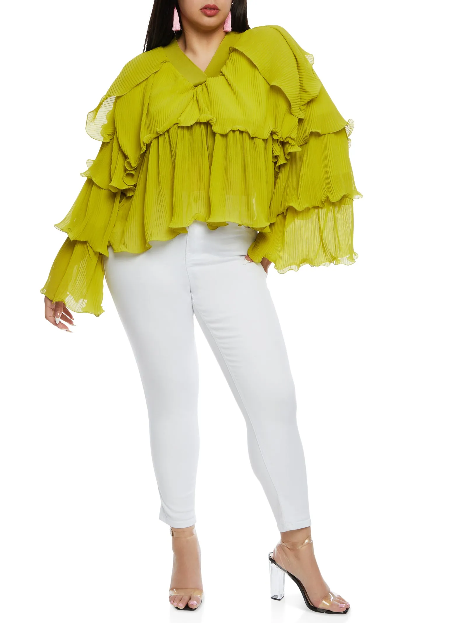 Plus Size Plisse Ruffled Tiered Bell Sleeve Blouse sold by Rainbow