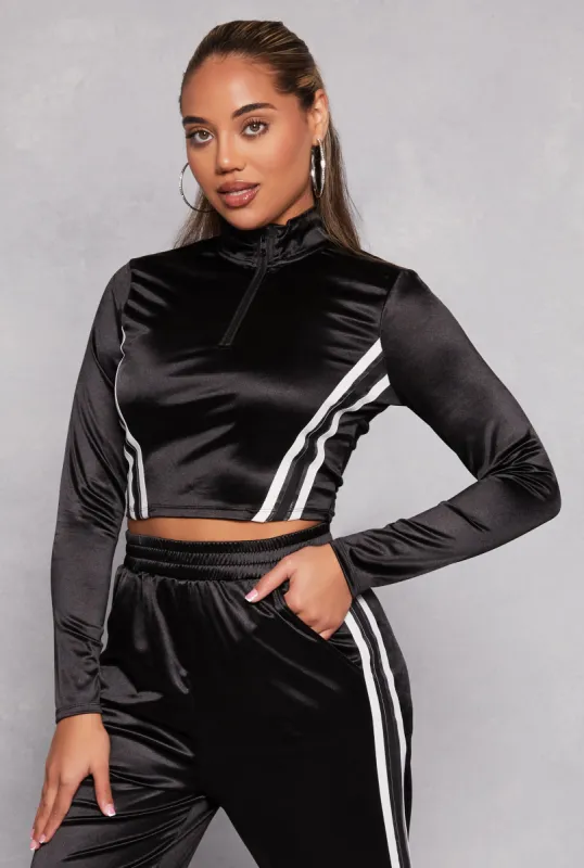 Varsity Stripe Detail Zip Neck Crop Top sold by Rainbow