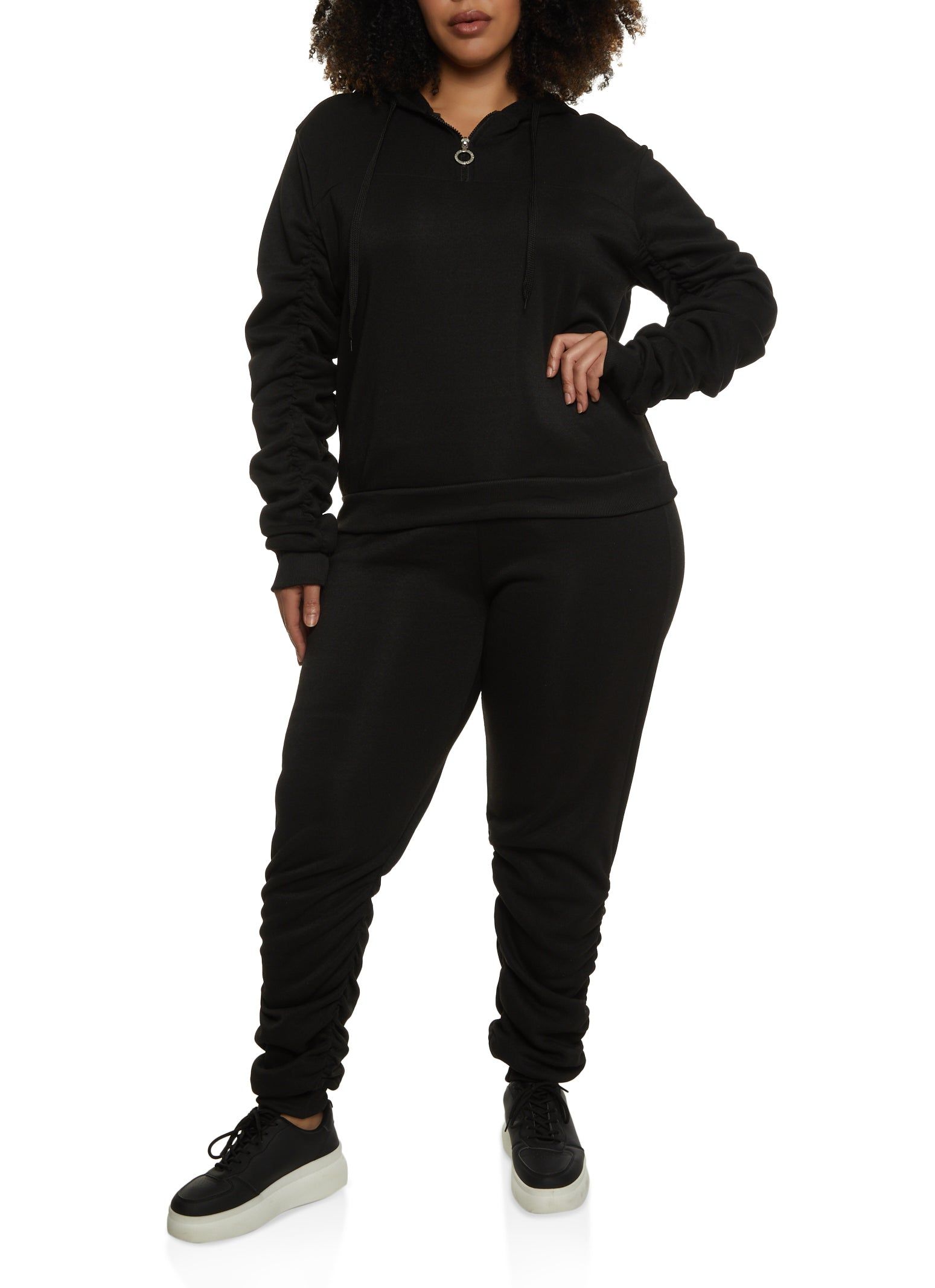 Plus Size Zip Neck Ruched Sleeve Hoodie sold by Rainbow product image thumbnail 2