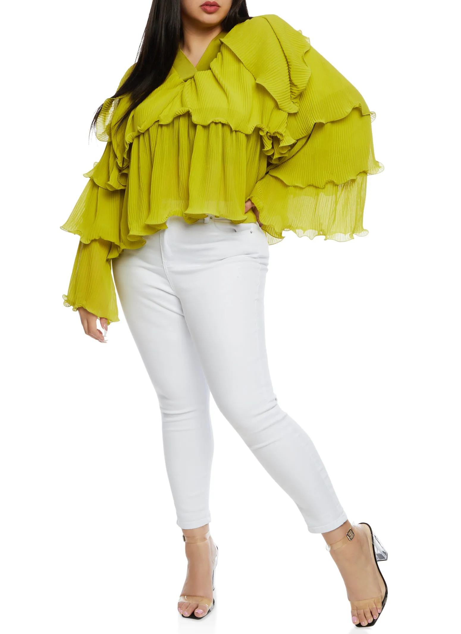 Plus Size Plisse Ruffled Tiered Bell Sleeve Blouse sold by Rainbow product image thumbnail 2