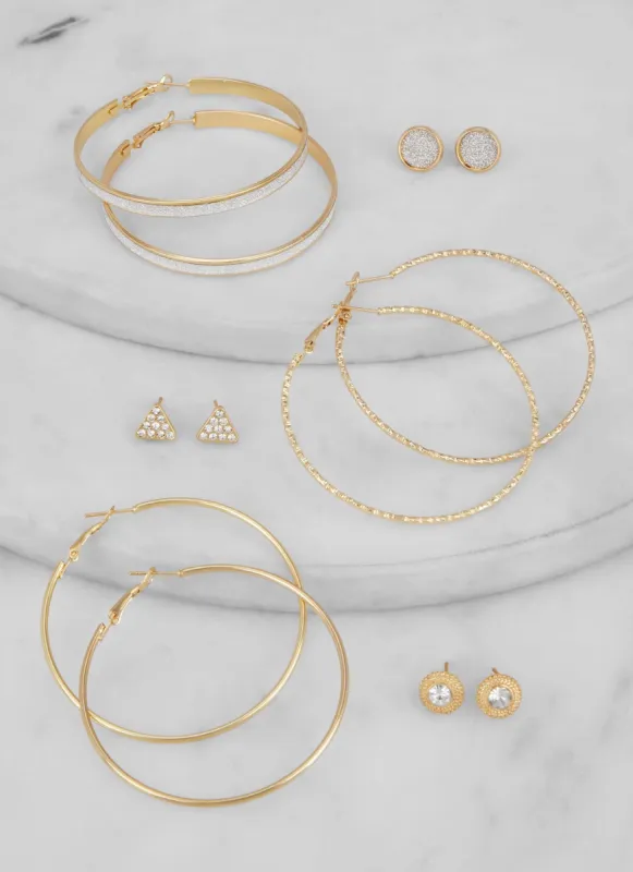 Metallic Hoop and Stud Earrings Set of 6 sold by Rainbow