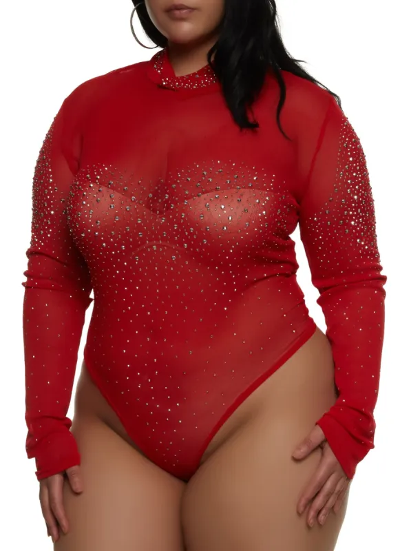 Plus Size Rhinestone Studded Mock Neck Bodysuit sold by Rainbow