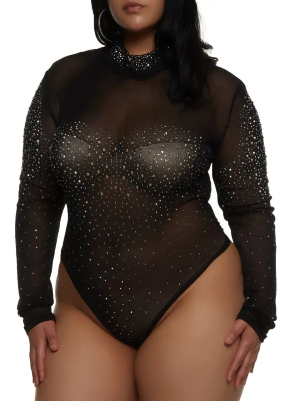 Plus Size Rhinestone Studded Mock Neck Bodysuit sold by Rainbow