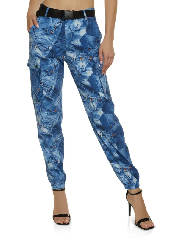 Mixed Print Belted Cargo Joggers sold by Rainbow