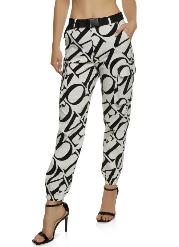 Mixed Print Belted Cargo Joggers sold by Rainbow
