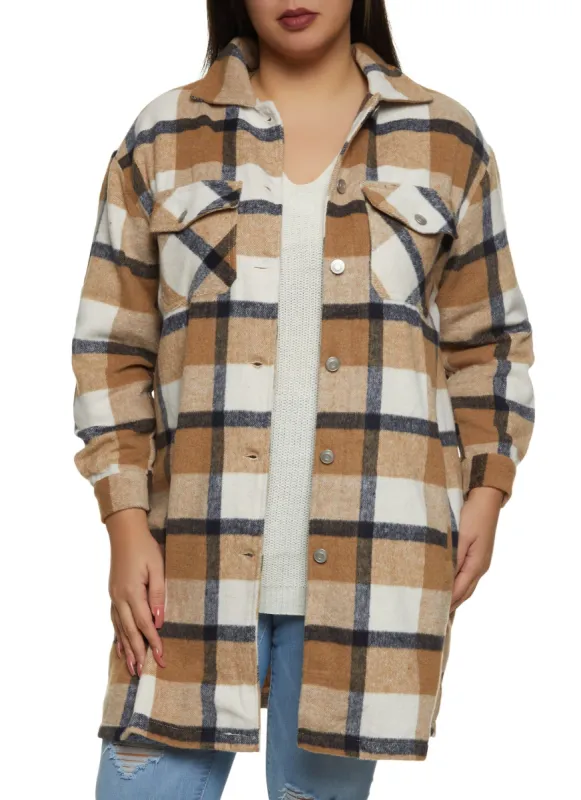Plus Size Plaid Pocket Detail Button Front Shacket sold by Rainbow