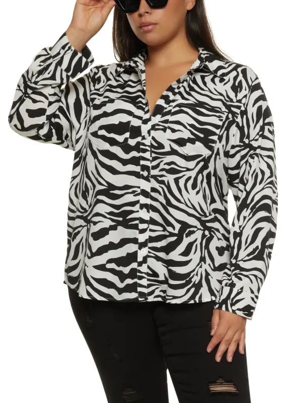 Plus Size Zebra Print Button Front Shirt sold by Rainbow