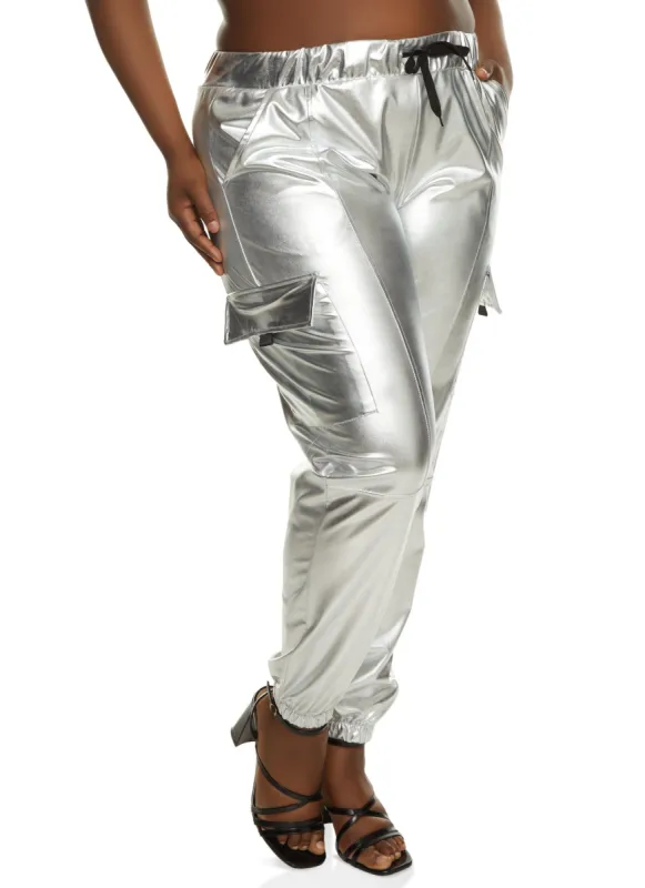 Plus Size Metallic Foil Drawstring Cargo Joggers sold by Rainbow