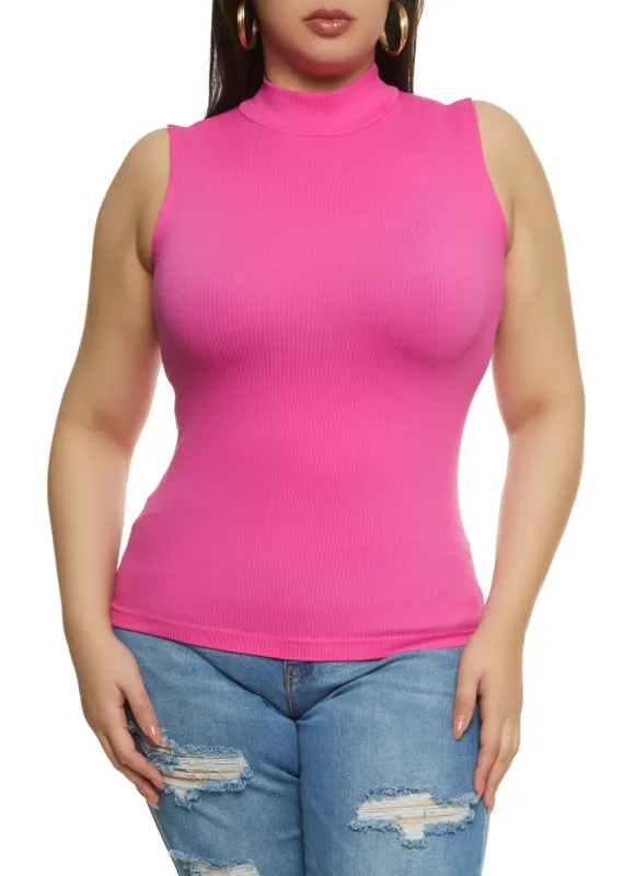 Plus Size Seamless Ribbed Knit Mock Neck Tank Top sold by Rainbow