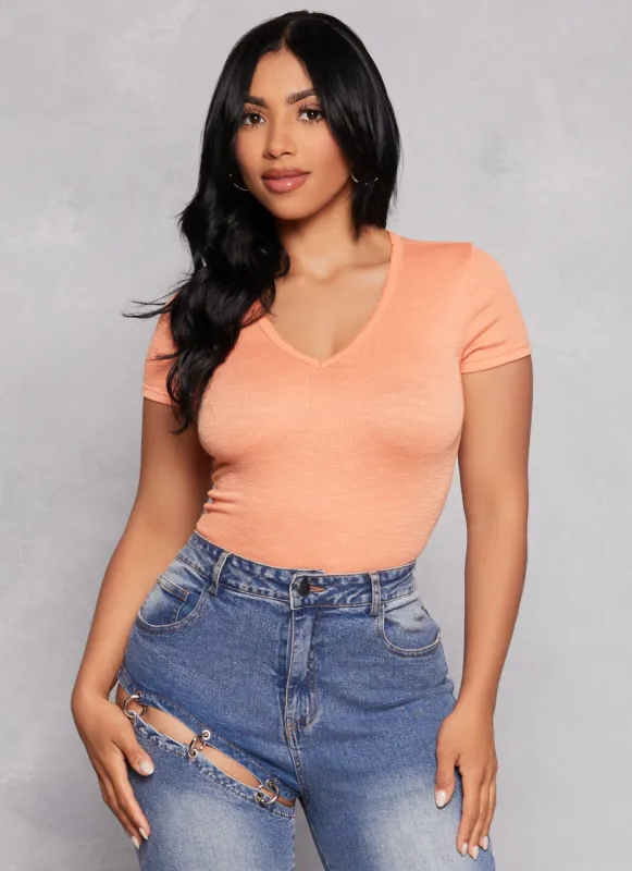 Basic Ribbed V Neck Short Sleeve Top sold by Rainbow