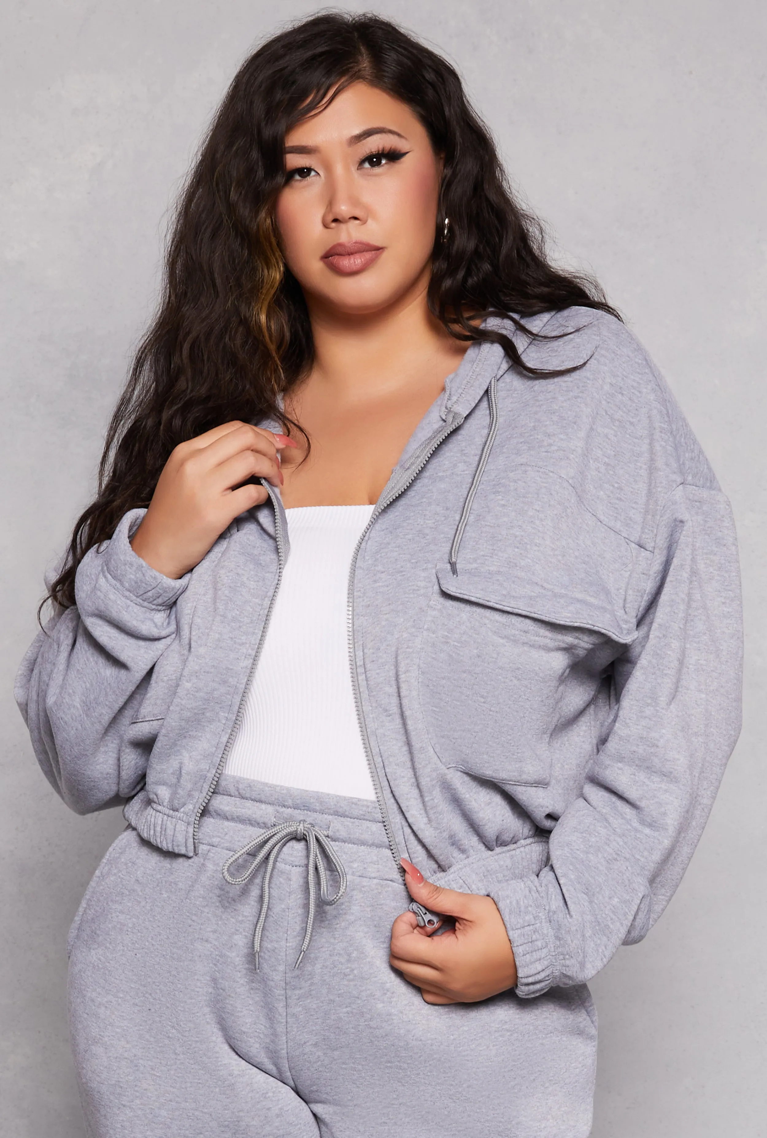 Plus Size Fleece Cargo Pocket Zip Front Hoodie sold by Rainbow