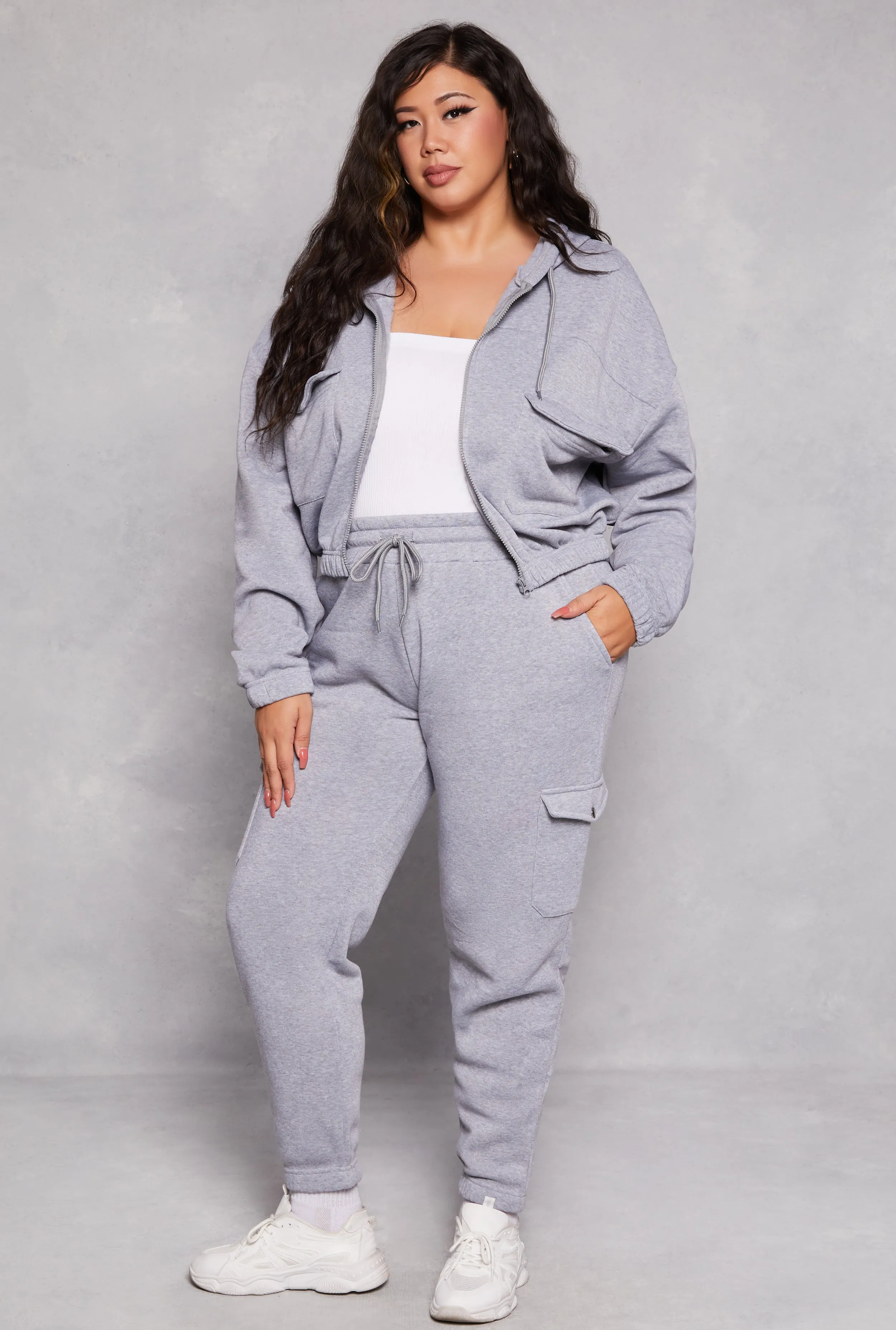 Plus Size Fleece Cargo Pocket Zip Front Hoodie sold by Rainbow product image thumbnail 2