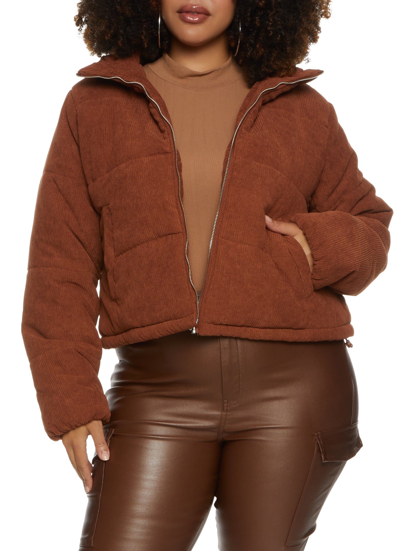 Plus Size Zip Front Corduroy Puffer Jacket sold by Rainbow
