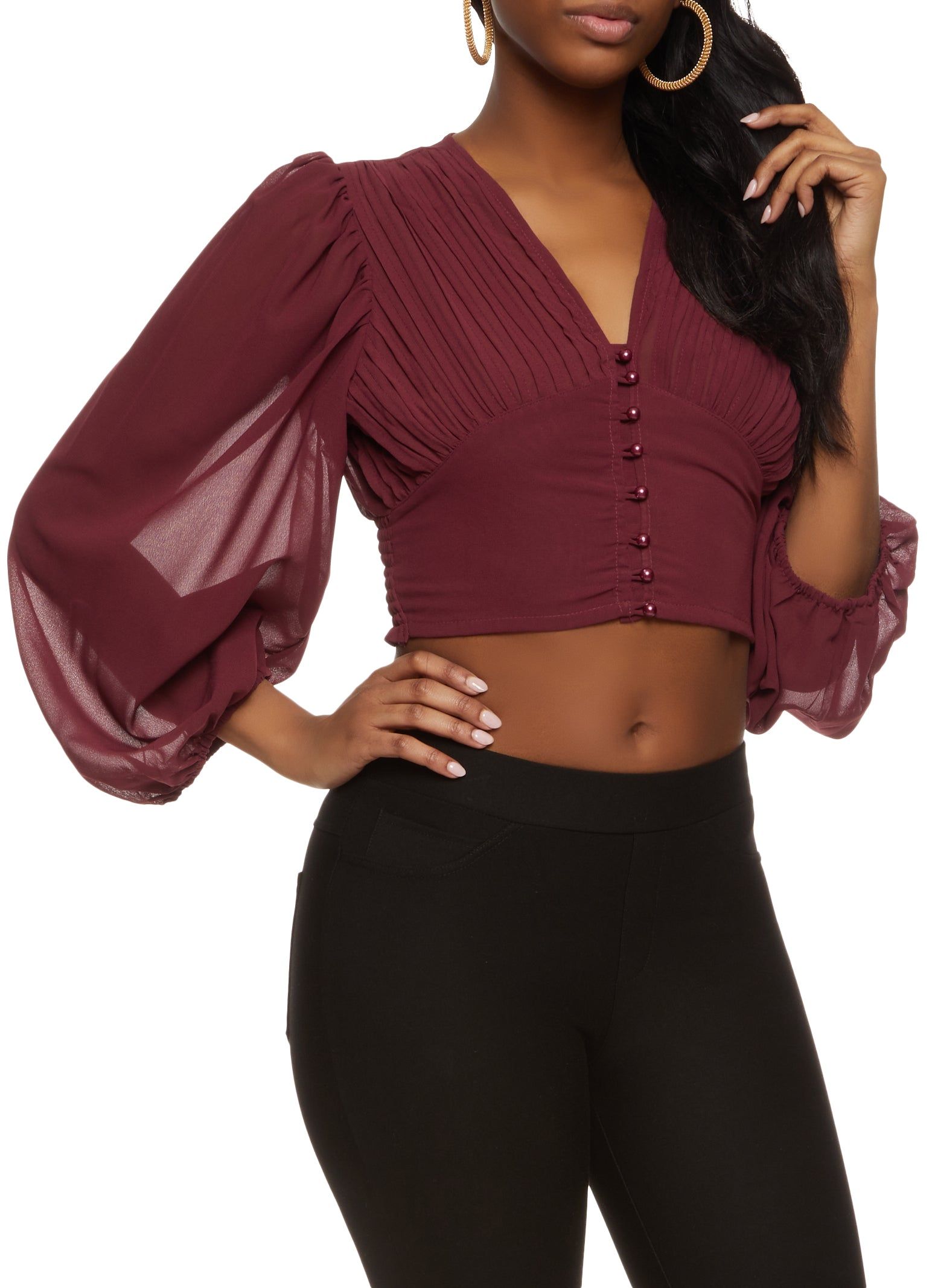 Pleated Button Front Cropped Blouse sold by Rainbow