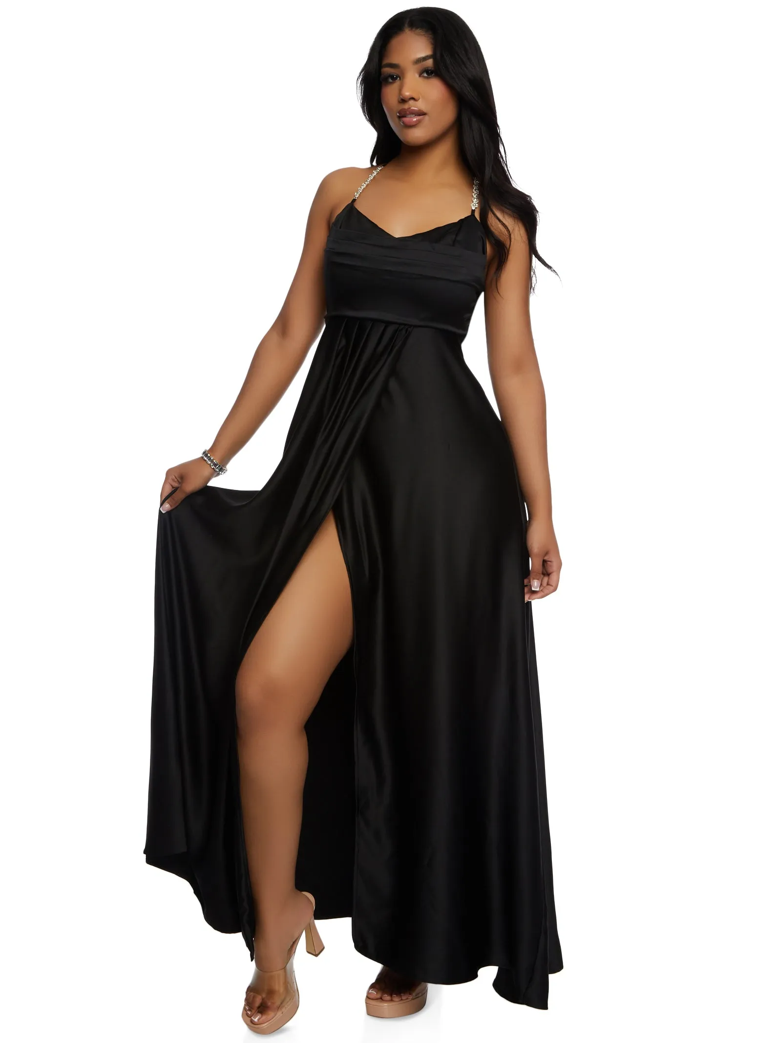 Haute Monde Rhinestone Strap Satin Maxi Dress sold by Rainbow product image thumbnail 2