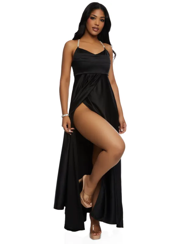 Haute Monde Rhinestone Strap Satin Maxi Dress sold by Rainbow