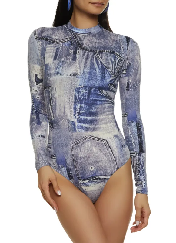 Patterned Long Sleeve Mock Neck Bodysuit sold by Rainbow