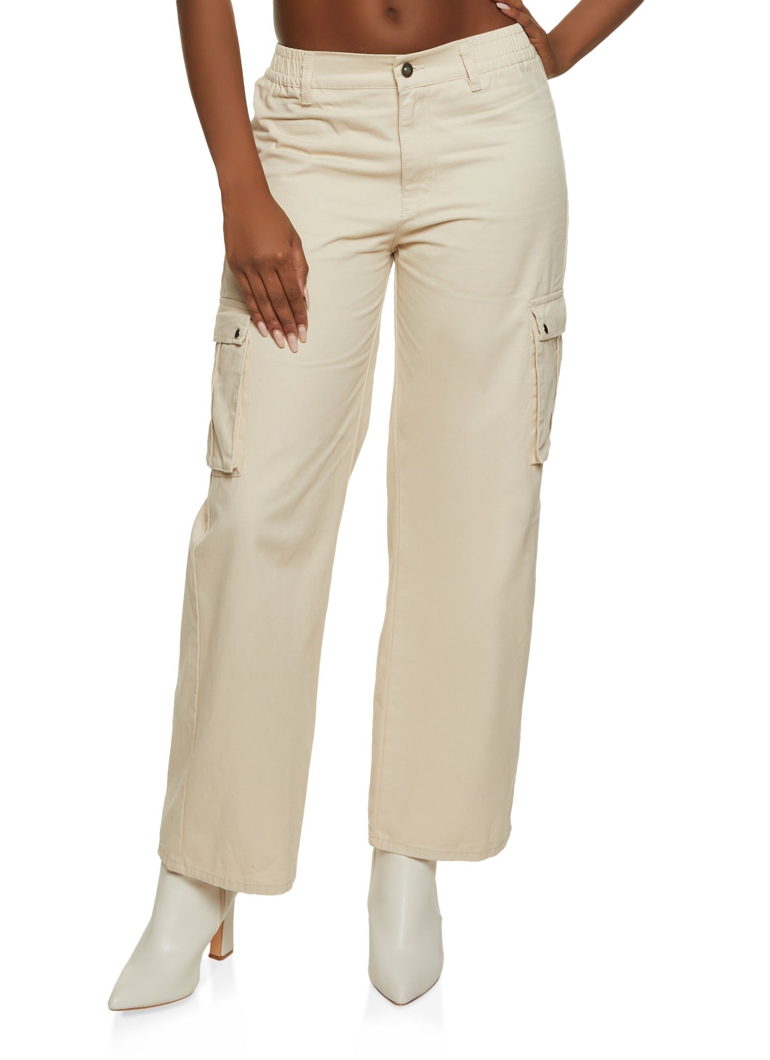 Solid Twill Wide Leg Cargo Pants sold by Rainbow