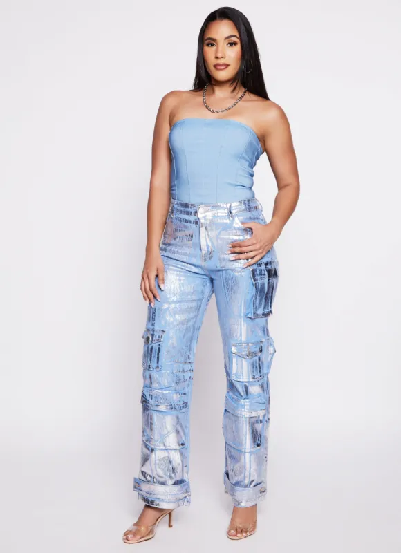 Daisy Foil Screen Wide Leg Cargo Jeans sold by Rainbow
