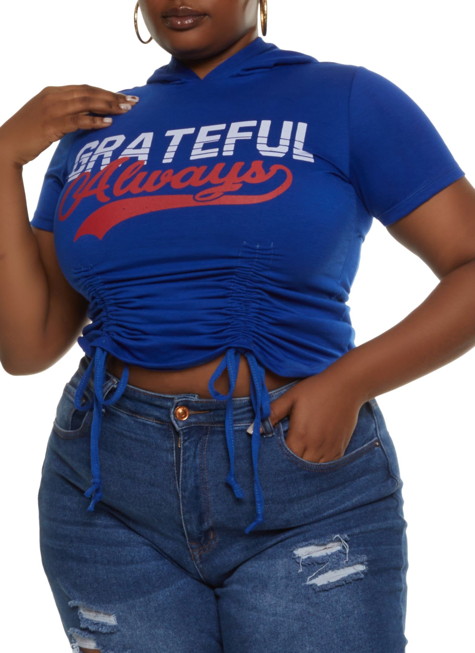 Plus Size Always Grateful Ruched Front Hooded Top sold by Rainbow