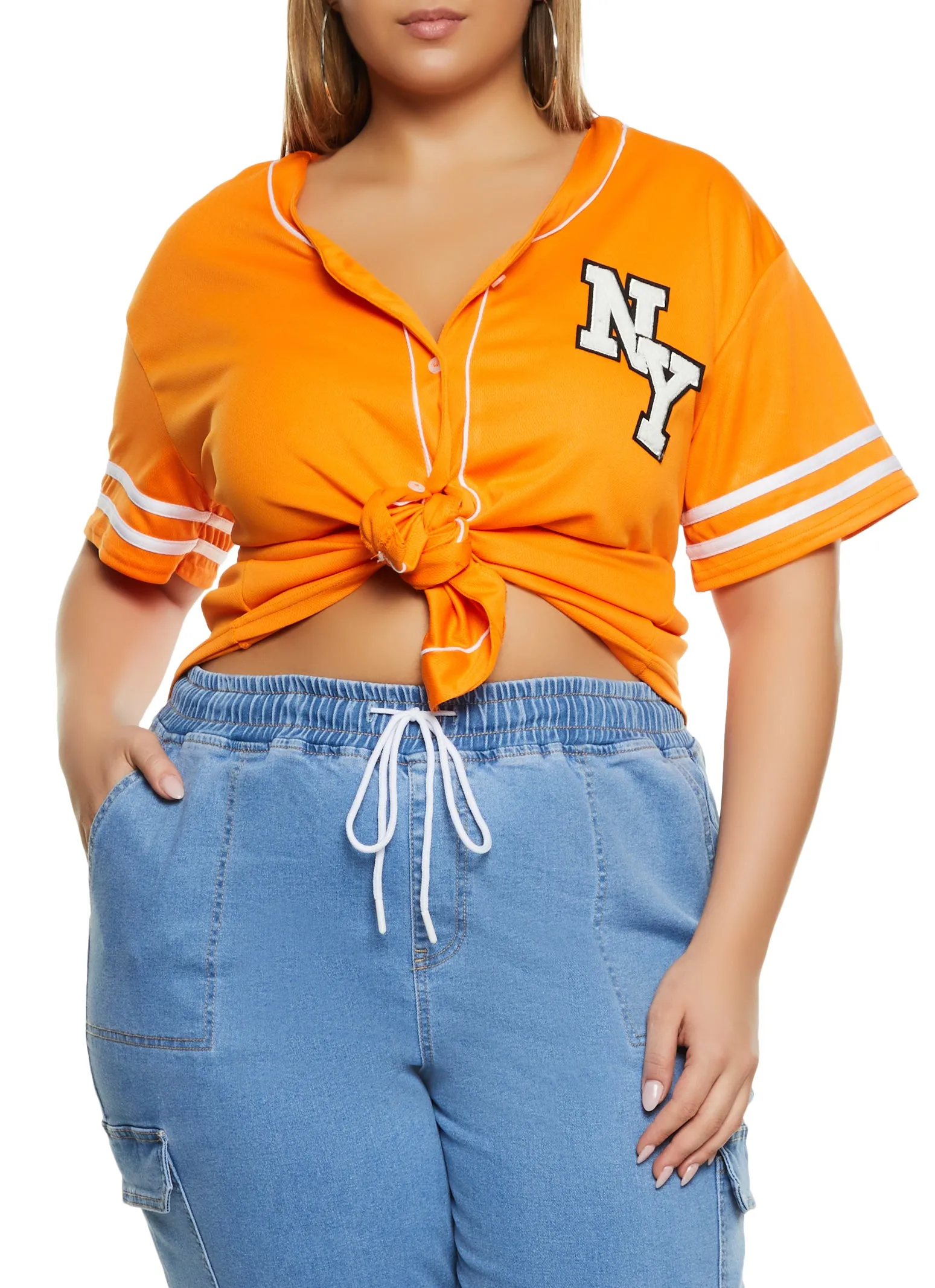 Plus Size NY Chenille Patch Baseball Shirt sold by Rainbow