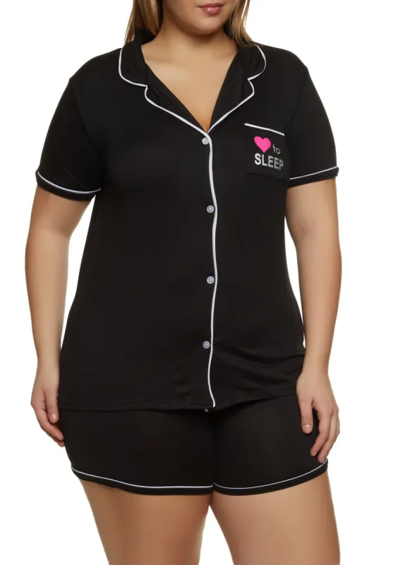 Plus Size Notch Neck Graphic Pajama Shirt and Shorts sold by Rainbow