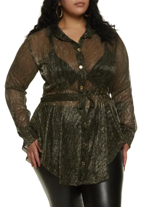 Plus Size Sheer Lurex Button Down Long Sleeve Shirt sold by Rainbow