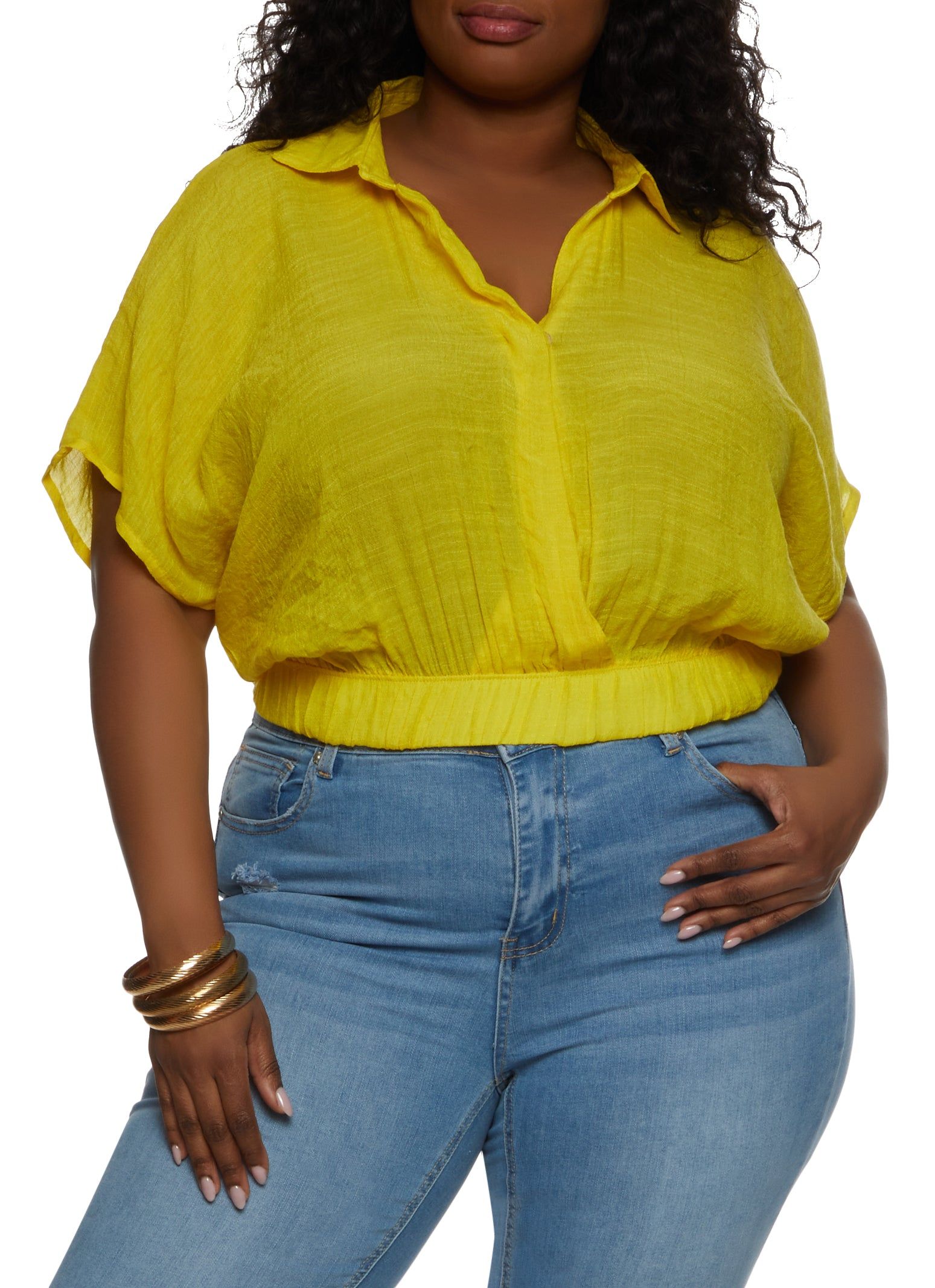 Plus Size Gauze Knit Elastic Waist Cropped Shirt sold by Rainbow