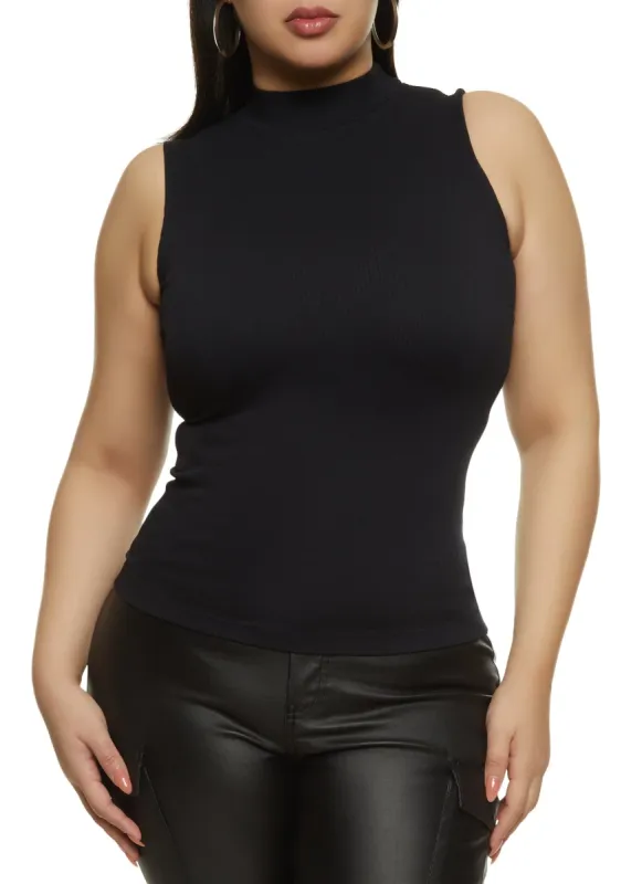 Plus Size Seamless Ribbed Knit Mock Neck Tank Top sold by Rainbow