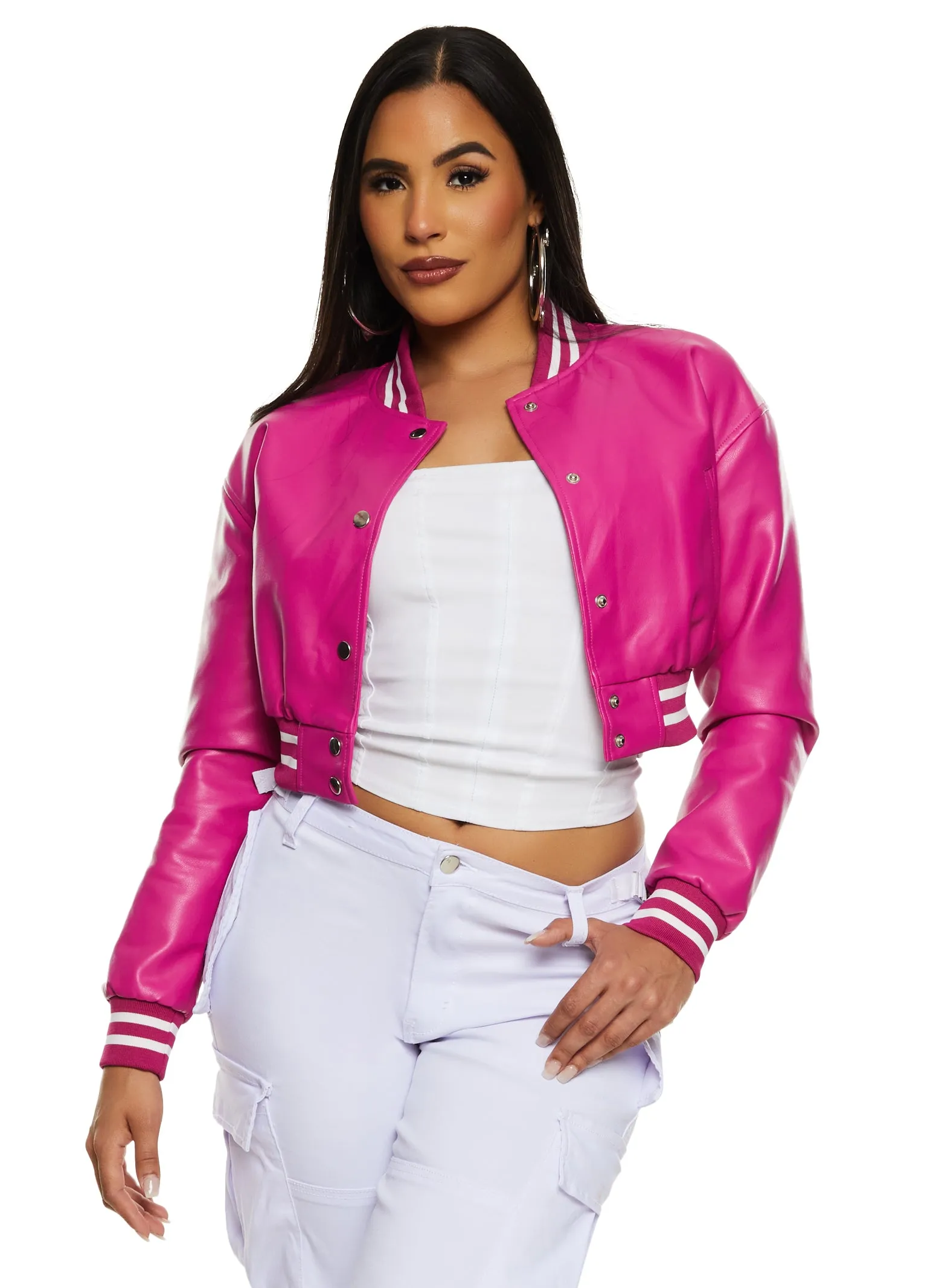 Daisy Faux Leather Cropped Bomber Jacket sold by Rainbow