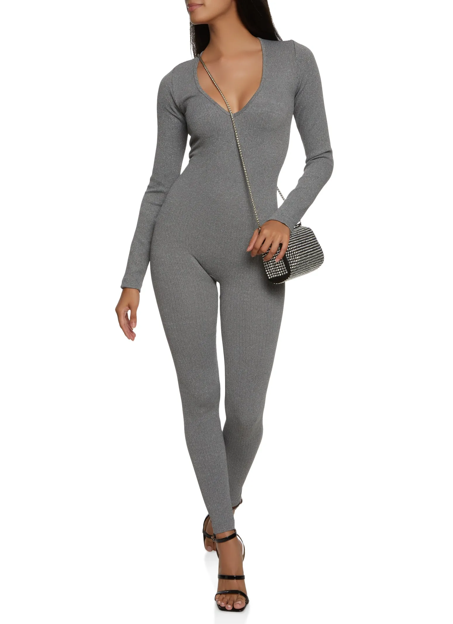 Ribbed Long Sleeve V Neck Jumpsuit sold by Rainbow