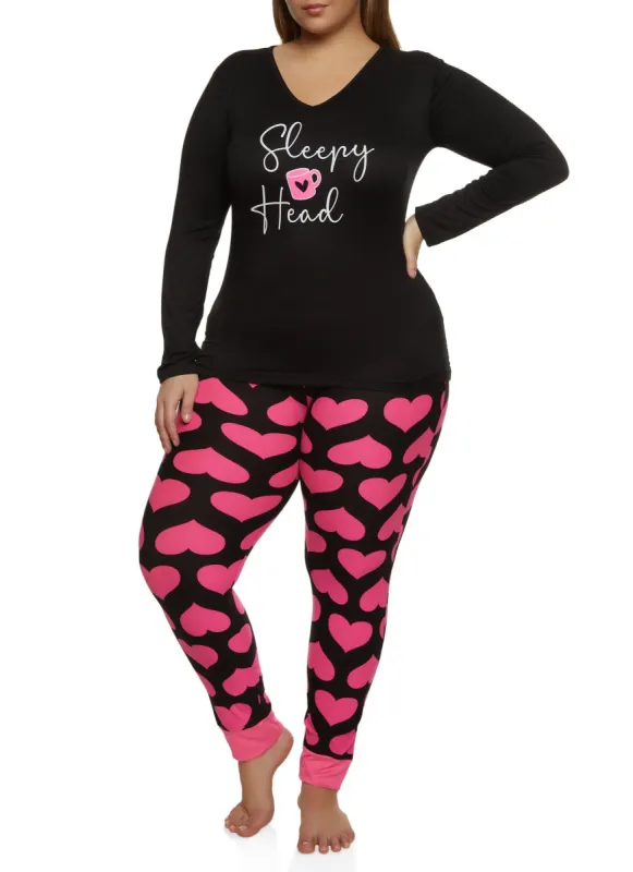 Plus Size Sleepy Head Pajama Top and Heart Printed Pants sold by Rainbow