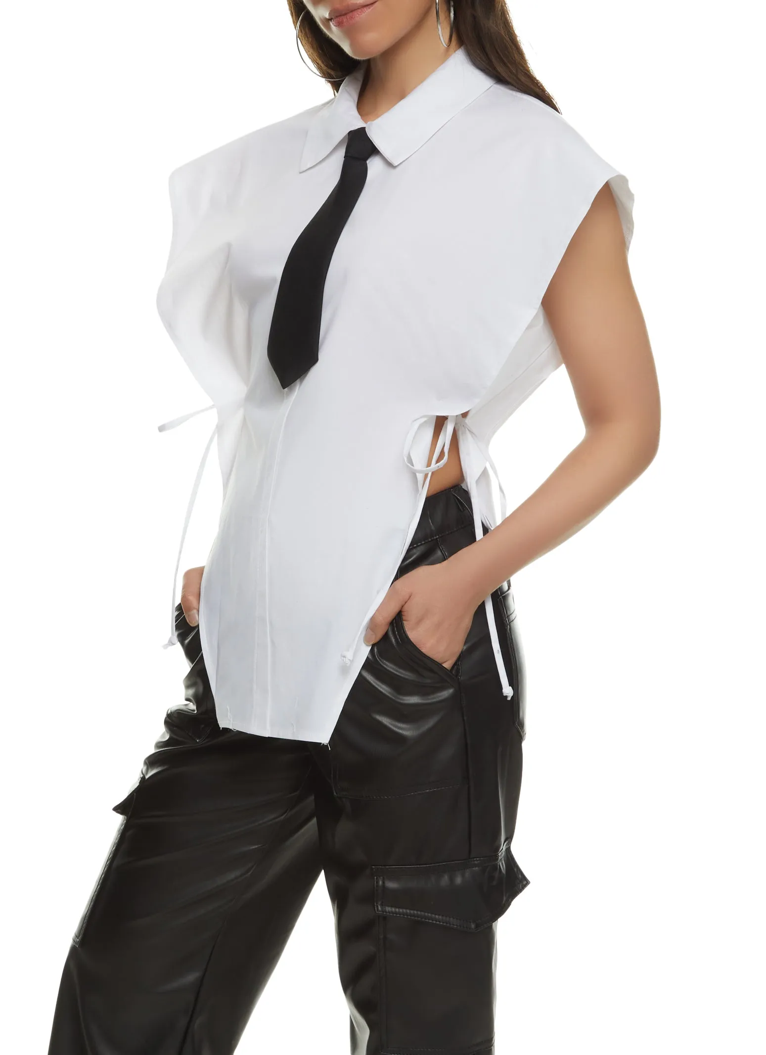 Open Tie Side Half Button Front Top with Neck Tie sold by Rainbow