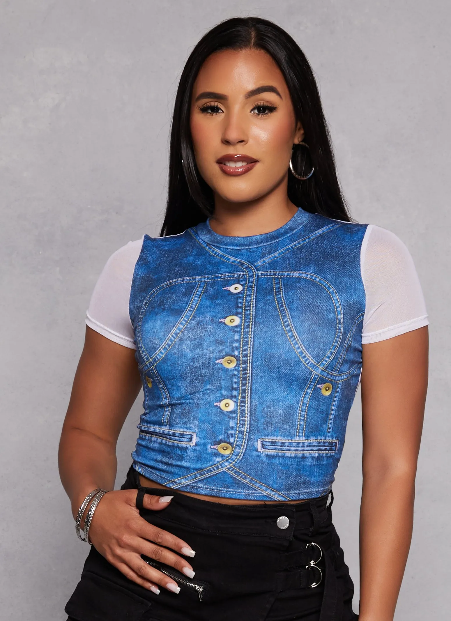 Denim Printed Mesh Crop Top sold by Rainbow
