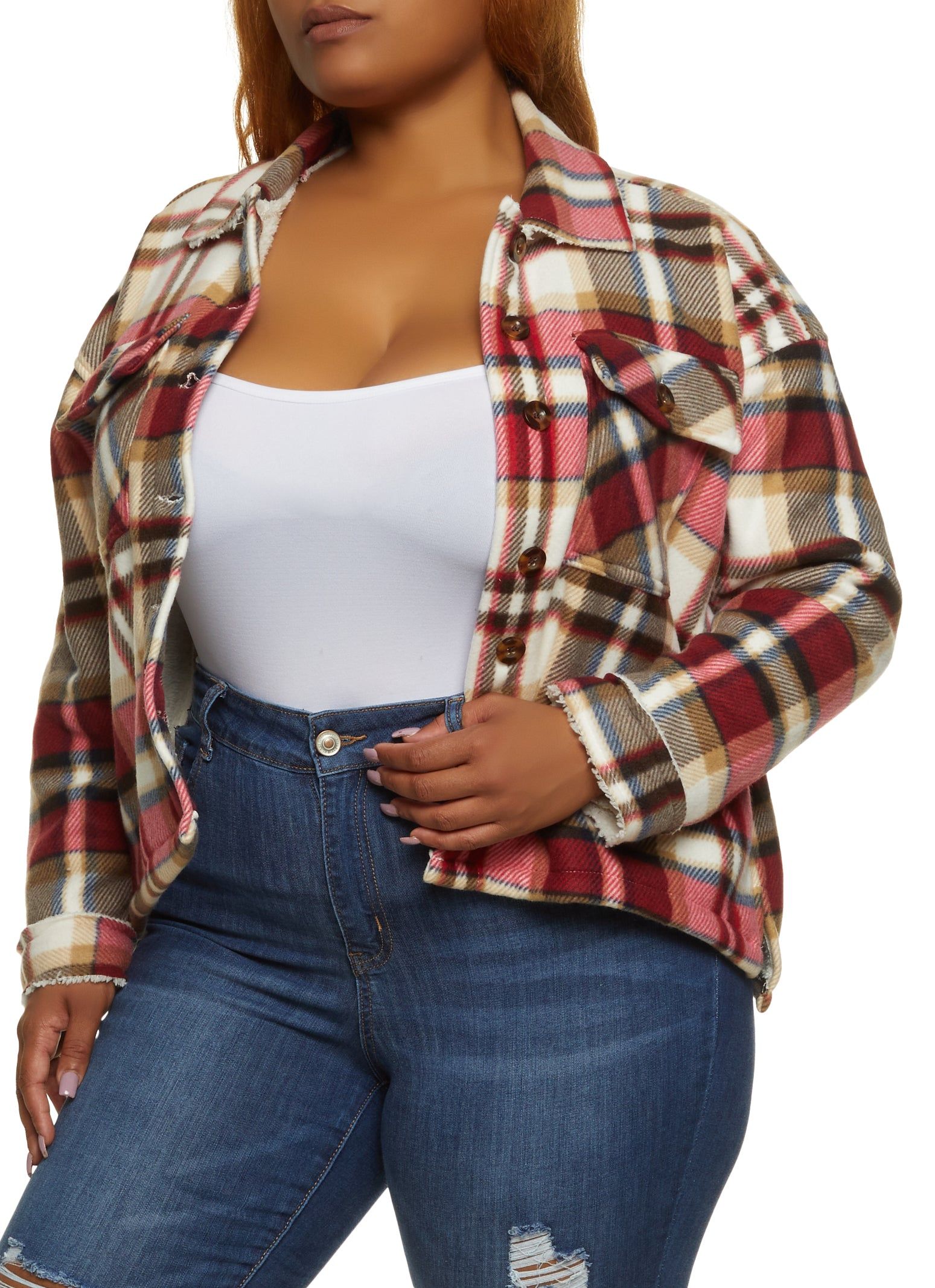 Plus Size Plaid Sherpa Lined Brushed Knit Shacket sold by Rainbow