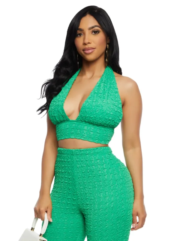 Textured Knit Tie Back Halter Crop Top sold by Rainbow