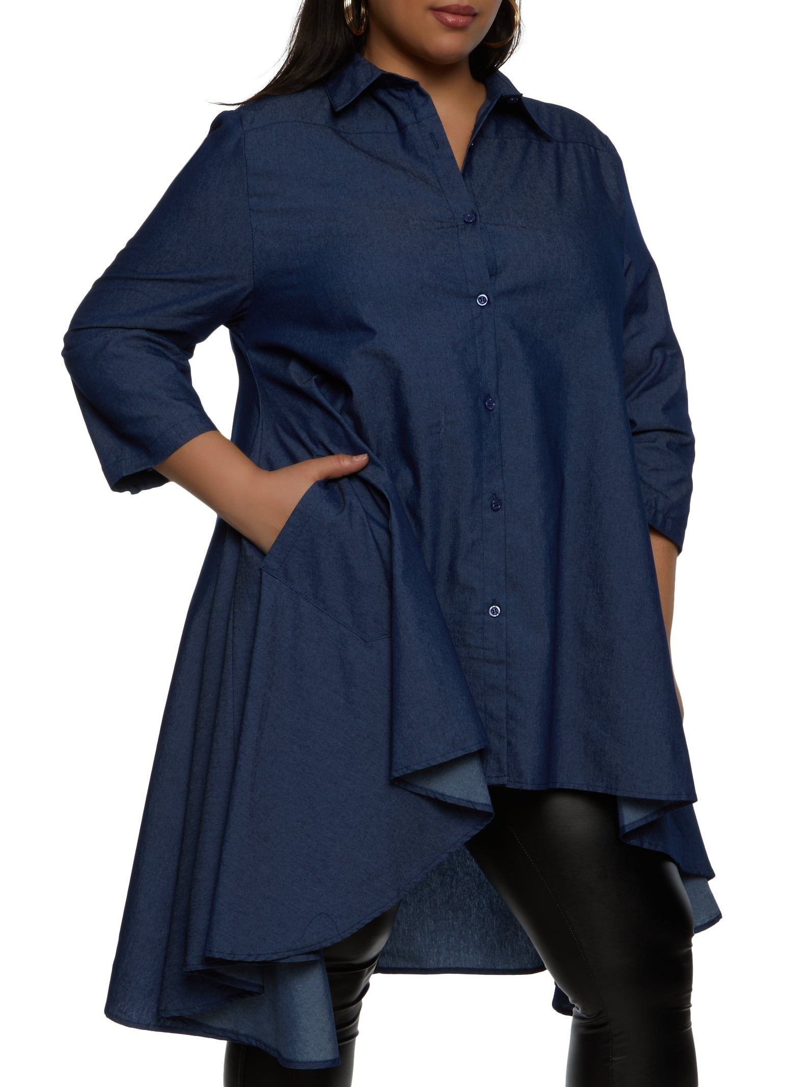 Plus Size Denim Button Front High Low Shirt sold by Rainbow