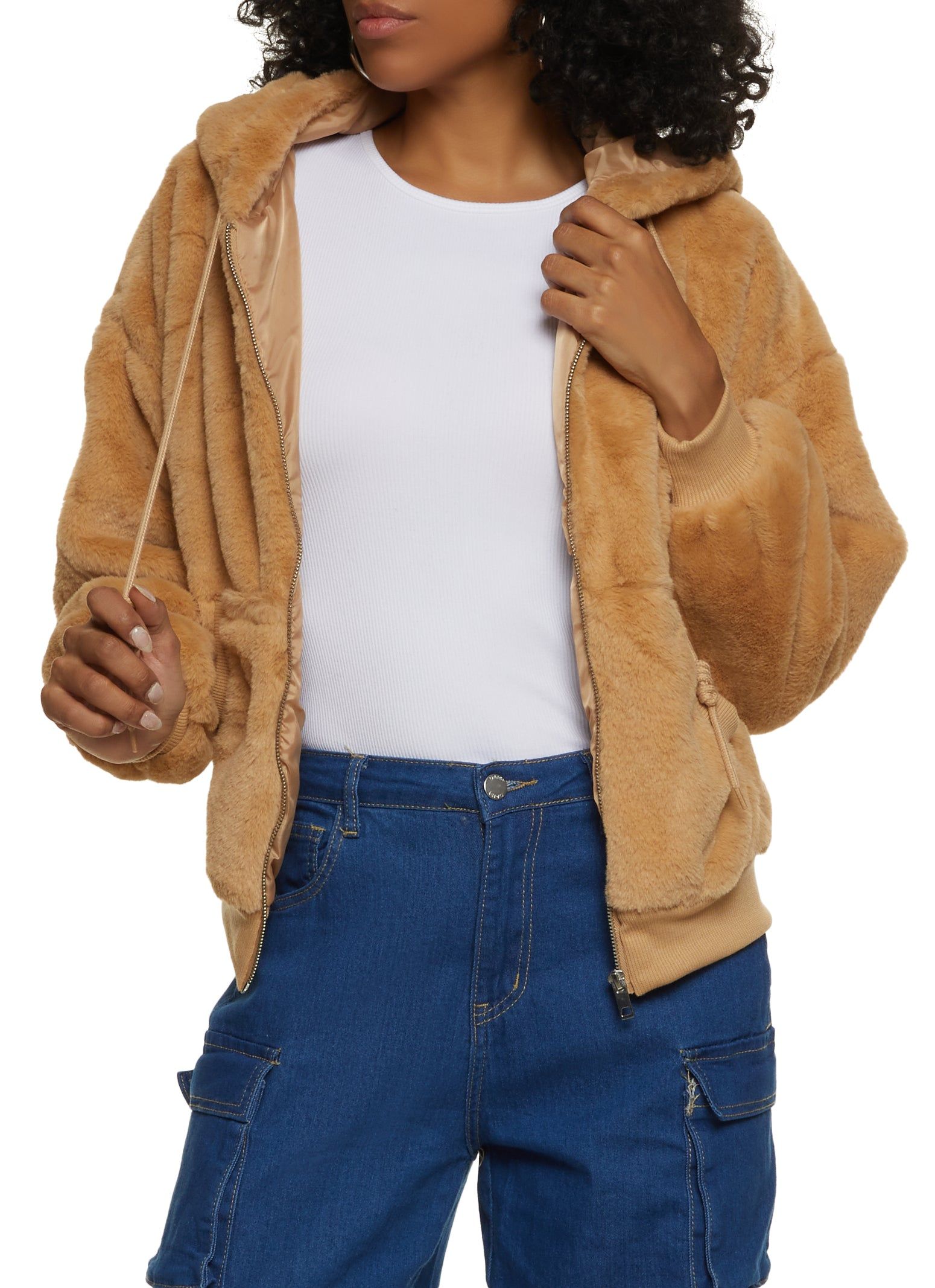 Faux Fur Zip Front Hooded Jacket sold by Rainbow