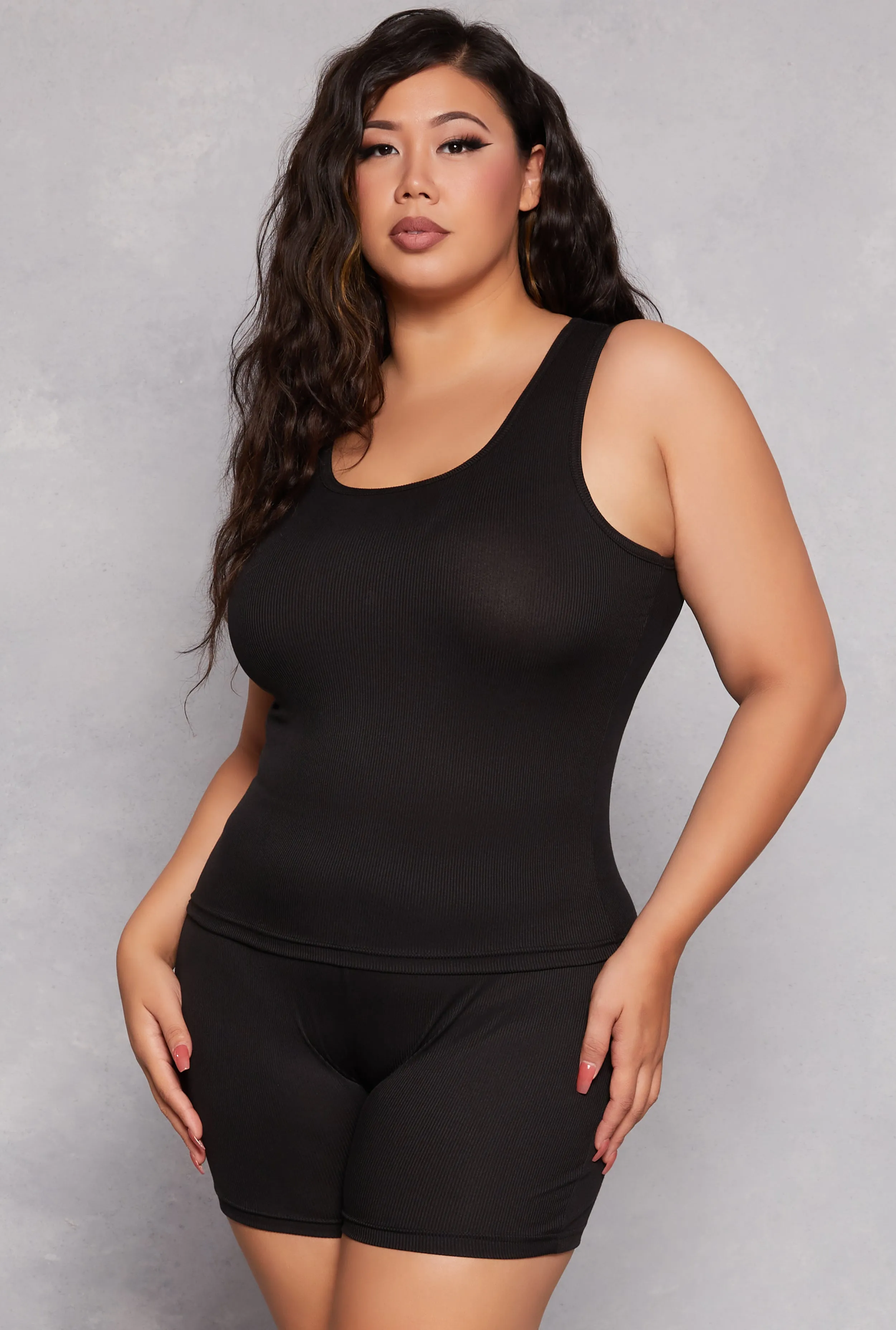 Plus Size Ribbed Knit Pajama Tank Top and Shorts with Robe sold by Rainbow product image thumbnail 3