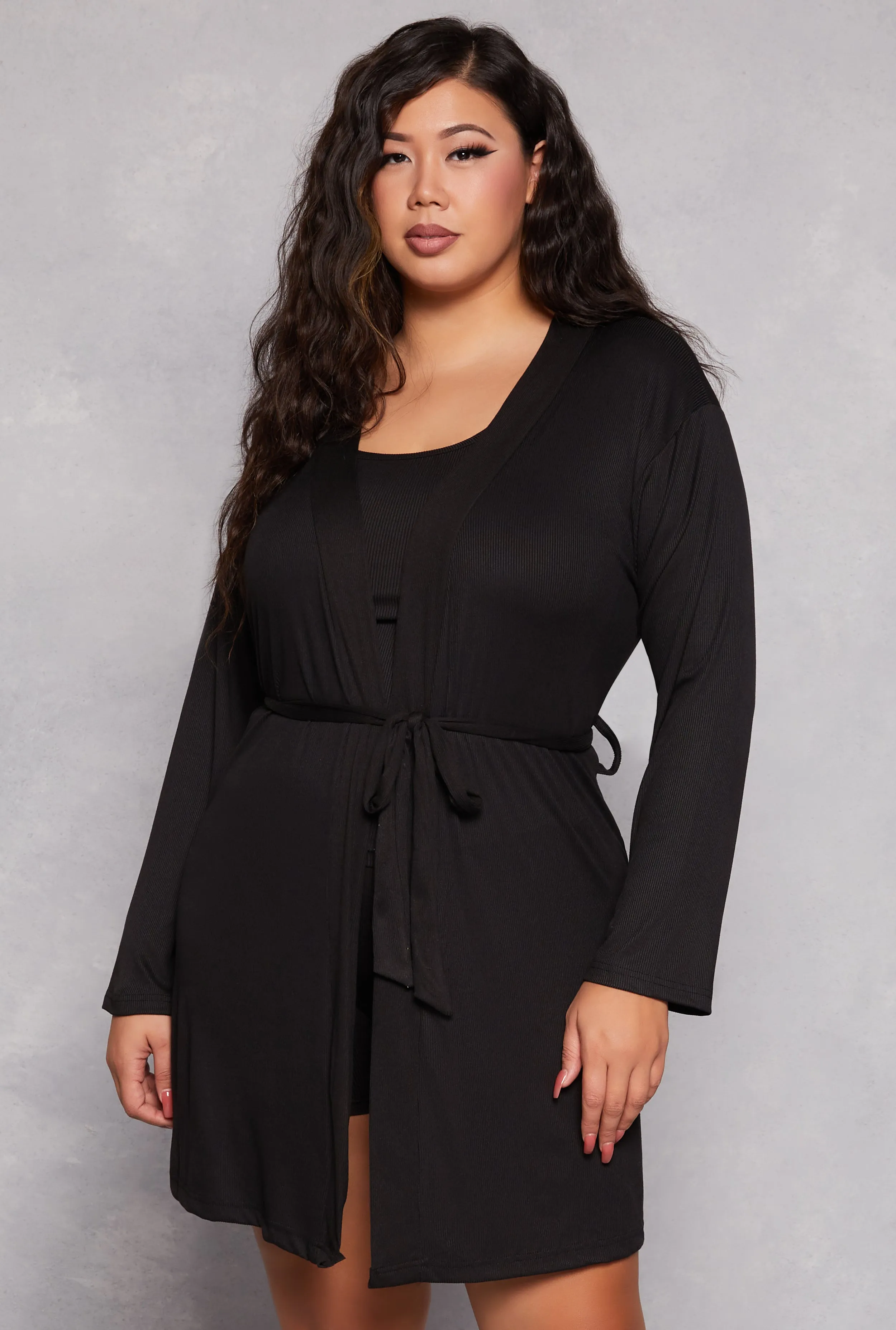 Plus Size Ribbed Knit Pajama Tank Top and Shorts with Robe sold by Rainbow