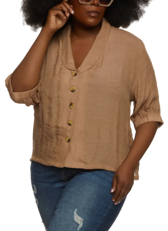 Plus Size Gauze Knit Quarter Sleeve Button Front Top sold by Rainbow