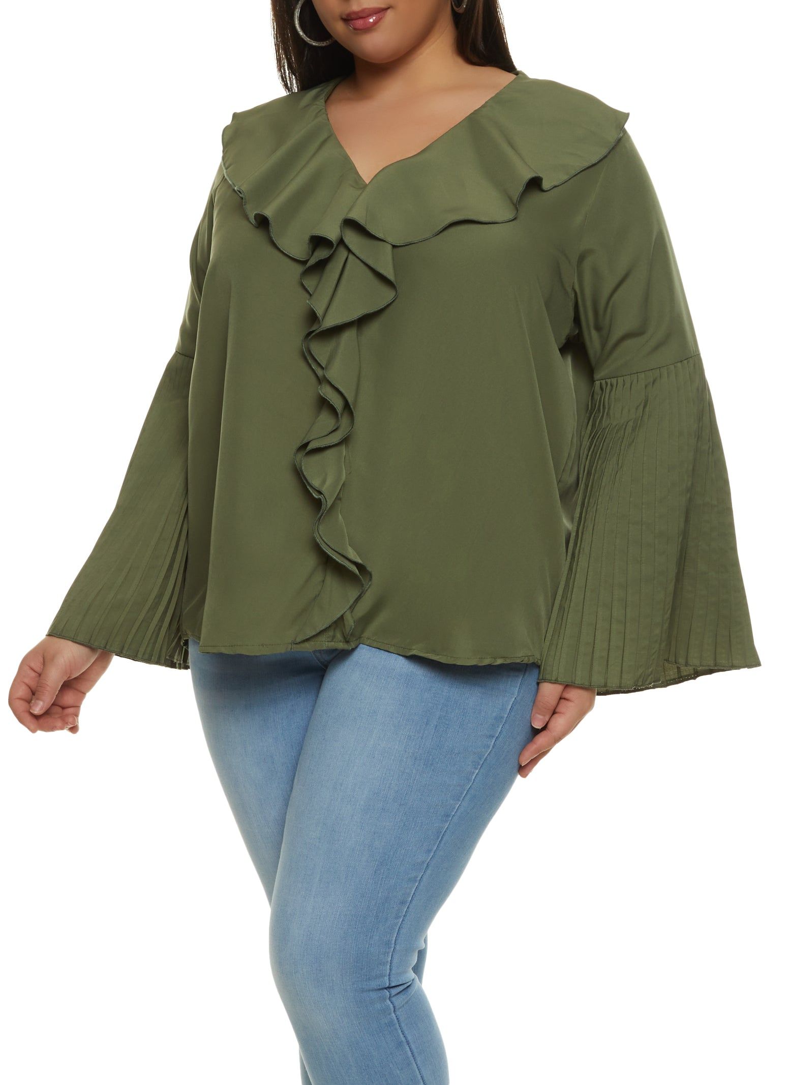 Plus Size Pleated Bell Sleeve Ruffle Front Blouse sold by Rainbow