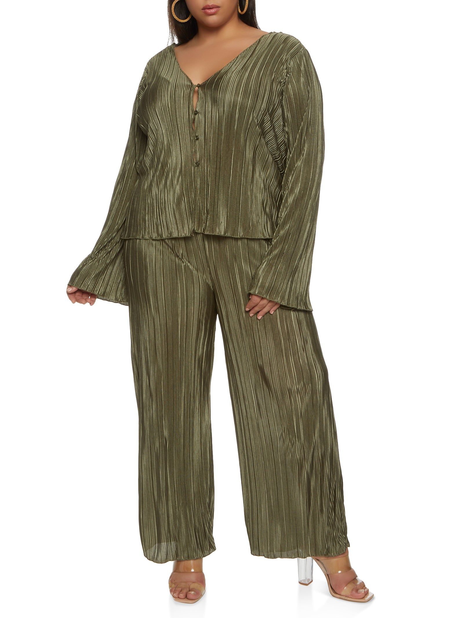 Plus Size Plisse Button Front Bell Sleeve Blouse sold by Rainbow