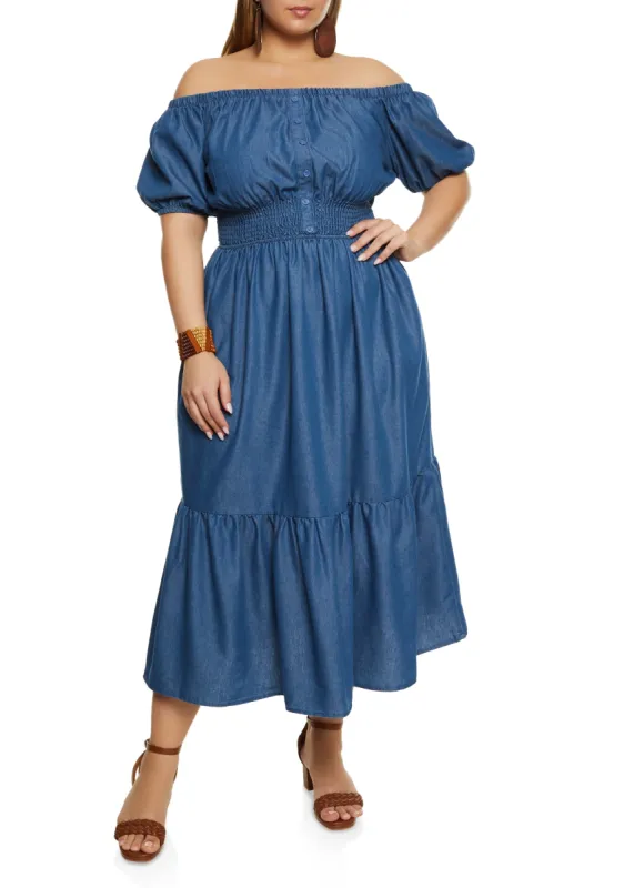 Plus Size Chambray Off the Shoulder Peasant Dress sold by Rainbow