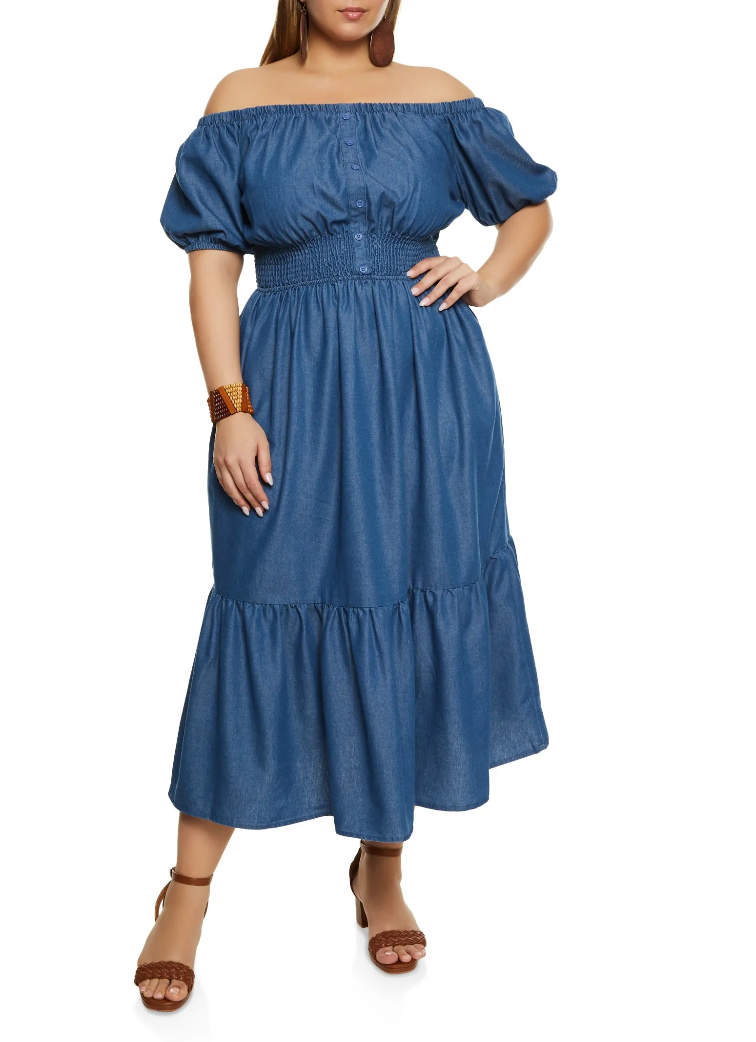 Plus Size Chambray Off the Shoulder Peasant Dress sold by Rainbow